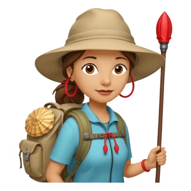 Middle aged women, long brown ponytail with wide brim hiking hat. With backpack and trekking poles. Backpack has a scallop shell with the cross of saint james hanging from it.  Remove the cross and add a scallop shell on a red string hanging from the backpack  sticker
