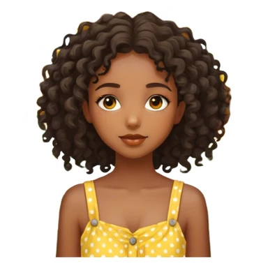 Create an image of a young beautiful black girl with detailed features. She has curly hair cascading down her shoulders and striking, large hazel eyes. She is wearing a yellow sundress with white polka dots. She is standing in a field full of sunflowers sticker