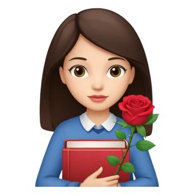 Brunette holds a stack of books + flower sticker