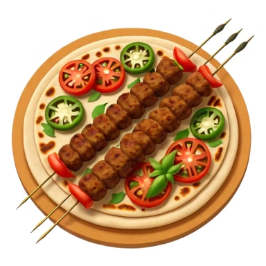 Adana kebab object icon, spicy grilled minced meat skewer, served on flatbread, grilled tomatoes and green peppers on the side, smoky char marks, juicy texture, 3D cartoon, mobile game icon style, centered, clean background, no text, no watermark
 sticker