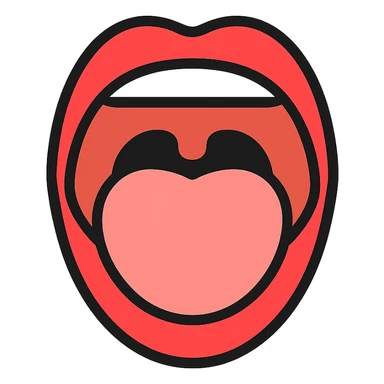 Schematic open mouth with visible tongue, symbolizing speech articulation and sound practice. Vector style, clean and sharp lines. Include realistic shadows and light reflections for depth. Minimalistic, educational design. Transparent background. High contrast between tongue, teeth, and lips for clarity. Flat illustration with soft shading, suitable for speech therapy materials sticker