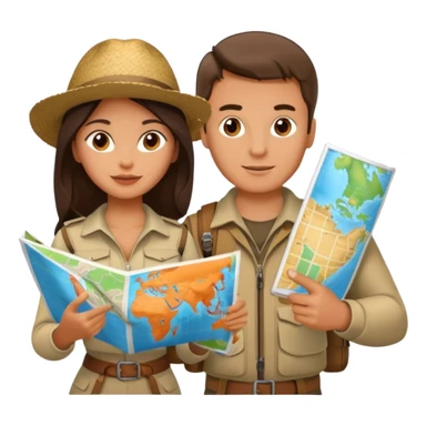 Russian man and elegant Latina girl in adventure outfits with a map planning a trip sticker