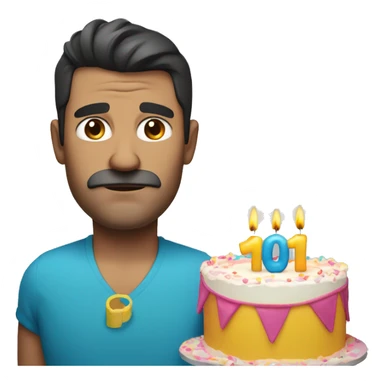 Middle aged dark haired man wearing pool armbands, holding a big birthday cake with a sad face sticker