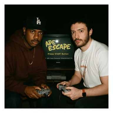 Create a 90s grunge analog photo featuring a famous 90s style rapper (not recognizable) and the boy from the reference photo sitting in front of a CRT TV with Ape Escape on Playstation 1. The room is dark, both hold controllers, and they look at the camera with flash on, creating a retro atmosphere. sticker