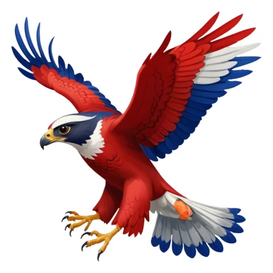 a falcon in mid-fall, wings flared, feathers ruffled, dramatic sense of motion, falcon colored red, white, and blueish sticker