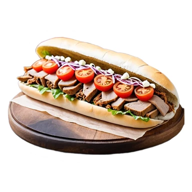 Döner im frisch aufgebackenen Fladenbrot, außen leicht knusprig, innen weich. Gefüllt mit saftigem Dönerfleisch, knackigem Salat, Tomaten, Zwiebeln und Kräutersauce. Warme Food‑Fotografie, hohe Details, natürliche Farben, appetitliche Präsentation, Fokus auf Texturen und Frische.“ sticker