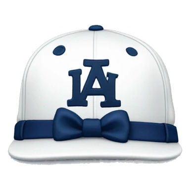 a white baseball hat with a navy blue bow on it sticker