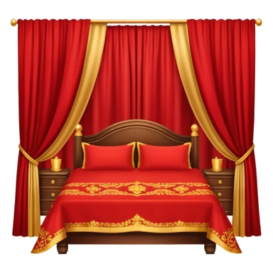 bed with red and gold sheets, wooden, red courtains sticker
