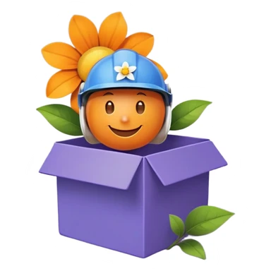 Sticker with a cartoon illustration of a flower in a box. the flower is orange with a yellow center and has a big smile on its face. it is wearing a blue helmet with a white visor. the background is purple with small white stars scattered around. the box is brown and has two green leaves on top. the overall design is simple and cartoon-like. sticker