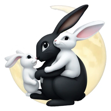 Black rabbit hugging white rabbit with moon behind them sticker