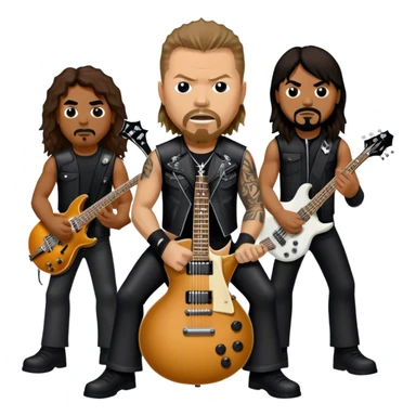 Icon for Metal Music: Metallica band four members detailed in their signature look. James Hetfield with guitar, Lars Ulrich on drums, Kirk Hammett with his electric guitar, and Robert Trujillo playing bass. Bold, energetic style, all in a heavy metal aesthetic. Transparent background. sticker