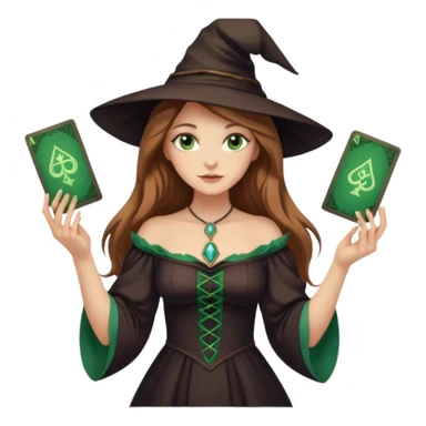  witch girl with long light brown hair and green eyes and Tarot cards without hat and in sexy dress  sticker