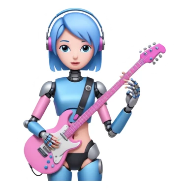 a cyper robot carry her note and electric guitar and try to change the world with pink and bluecolor sticker