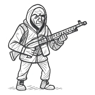 old skinny tough charismatic character from STALKER with a big machine gun sticker