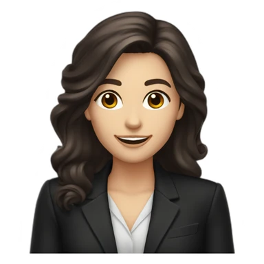 Caucasian Woman with voluminous long dark brown hair, dark brown eyes, pretty smile, dressed with a black blazer. Pointing up sticker
