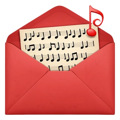 softer red closed envelope with a musical notes pattern sticker