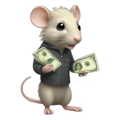 Rat standing up with long blond hair holding money sticker