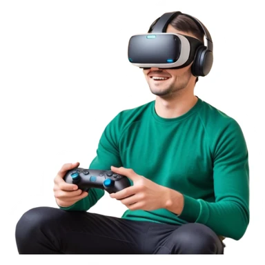 Homme noir, week-end détente, avec casque VR et manette PS 2025, assis dans un salon cosy décor Noël. Père Noël à côté, sourire amical, sapin illuminé, guirlandes et cadeaux au sol. Style réaliste, lumineux, ambiance festive & gaming. sticker