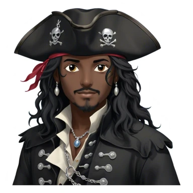 A charismatic pirate with wavy black hair tousled by the sea breeze. His black tricorn hat, embroidered with silver, casts a shadow over his confident features. Dark eyes glint with mischief as he gazes to the side, a knowing smile on his lips. His fitted black coat, adorned with silver buttons. A silver chain dangles from his belt sticker