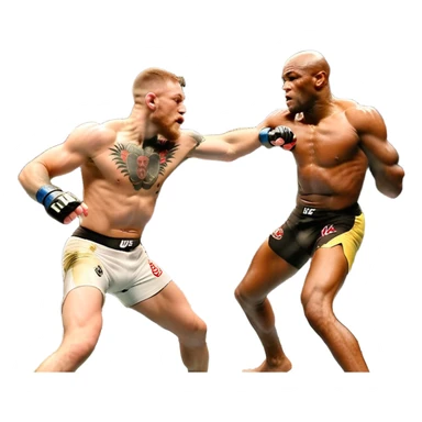 An MMA showdown between Conor McGregor and Anderson Silva in the octagon. McGregor is executing a powerful jumping strike, while Silva is expertly blocking the attack with his forearm. The background features the UFC octagon, fans in the distance, and dynamic action. Transparent background sticker