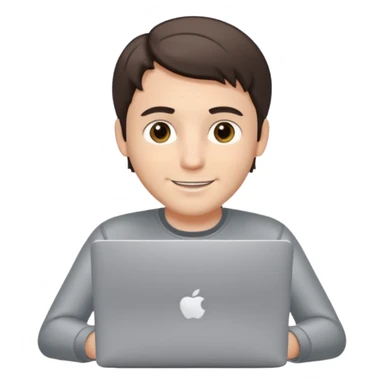 A white brunette man in his mid 20s, middle parted short hair, average dude with slightly droopy eyes, happy, using a silver laptop (no logo) sticker