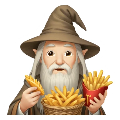 gandalf eating fries, holding a small basket of golden, crispy fries in one hand and a fry in the other. his iconic long white beard and wizard hat are present, with a playful expression as he enjoys the snack. the background is a cozy tavern with warm lighting and a whimsical atmosphere sticker