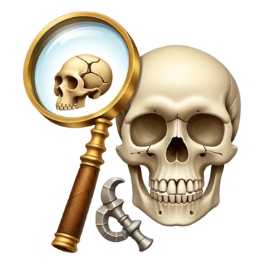 An icon showing a skull and ancient artifacts, representing anthropology. The design features a magnifying glass examining bones, fossils, and cultural symbols, symbolizing the study of human evolution and societies. Transparent background emphasizes the academic and exploratory nature. sticker