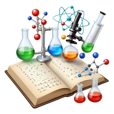 Icon for Scientific and Educational Reading: an open book with mathematical and physical formulas on the pages, with molecules and atoms flying out. On the desk are test tubes, flasks, and a microscope. Transparent background. sticker