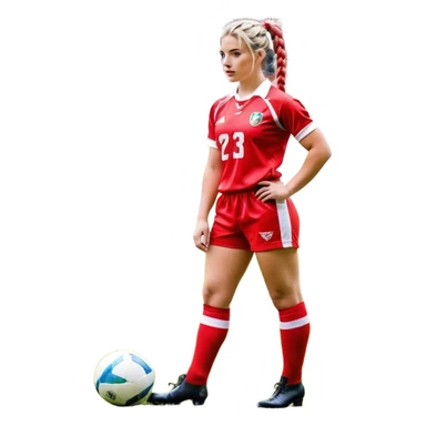 Chica de pelo rubio tirada en el suelo boca abajo agarrando un balón DE RUGBY con las manos vestida con una equipación de color rojo y blanco con líneas, manchada de barro y con unas botas de tacos de fútbol, con un bucal en la boca y el pelo con trenzas, se la tienen que ver las 2 piernas  sticker