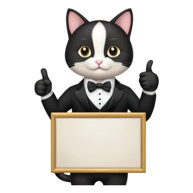 A cat in a black business suit holds a sign with the inscription "PrimeCopy" with one paw and shows a like with the other paw sticker