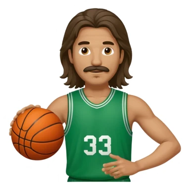 long haired man basketball player green jersey with mustache holding basket ball sticker