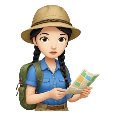 A braid black hair backpacking woman checking her map with curious eyes while walking with camping hat full body sticker