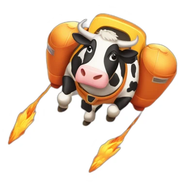 side-on view of cow flying to space while wearing a jetpack that is emitting flames, legs being pushed back by the wind sticker