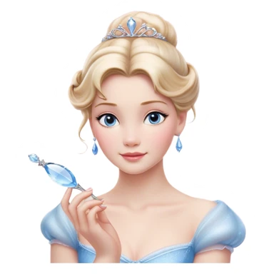 Cinematic Realistic Cinderella Portrait, depicted with lifelike skin texture, subtle rosy undertones, and soft natural lighting that enhances the gentle contours of her face. Her intricately detailed golden blonde hair is elegantly styled in an updo, with delicate wisps framing her face. Her deep, expressive blue eyes radiate warmth and sincerity, reflecting a quiet resilience and grace. She holds a glass slipper gently in one hand, her other hand resting gracefully at her side, emphasizing the timeless beauty of the moment. She is dressed in her iconic ball gown, the fabric shimmering with intricate embroidery and fine translucent layers that catch the light beautifully. The soft sheen of satin gloves adds a magical touch to her graceful pose. The portrait features an enchanting glow with a natural, luminous finish, seamlessly blending realism and fairytale charm to evoke a sense of depth, elegance, and timeless beauty. sticker