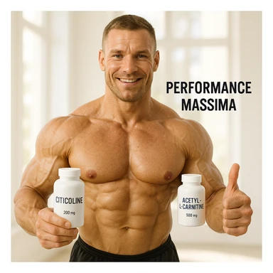 hyper realistic bodybuilder showing citicoline and acetylcarnitine bottles with thumbs up, defined muscles, text 'Performance massima', bright environment, motivational atmosphere sticker