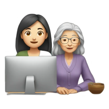 young asian lady with long hair in front of computer with old grandma standing next to her sticker