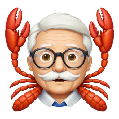 senior lobster with white hair and glasses, elderly lobster character with white eyebrows and whiskers, wearing round glasses sticker