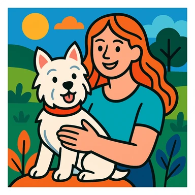 red headed woman with a Westie dog, vibrant and friendly scene sticker