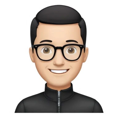 Light-skinned man with black hair in very short almost-buzz cut (minimal length but visible), short graying beard, big black glasses frames, happy smile, black long sleeve shirt with zip at neck sticker