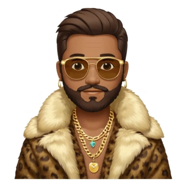 émoji homme barbu, cheveux bruns plaqués collés au crane avec raie au milieu, grosses lunettes de soleil rectangulaires à grosse branches, gros bijoux en or (chaine, montre,) manteau de fourrure très fluffy sur les épaules sourire en coin, boucles d'oreilles sticker