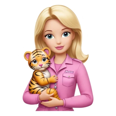 Blonde zookeeper Barbie wearing pink outfit, holding a baby tiger sticker