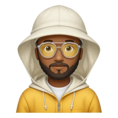 black male bee keeper with beard, white hat and yellow glasses, white outfit, white hood sticker