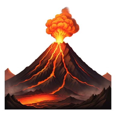 Cinematic Realistic Volcano Emoji, Powerful and awe-inspiring, with molten lava flowing from its jagged, smoking peak, casting an orange glow in the surrounding darkness. The landscape around it is barren and rocky, with clouds of ash rising into the sky. Soft glowing outline, capturing the essence of raw power and fiery energy in a towering volcano. sticker