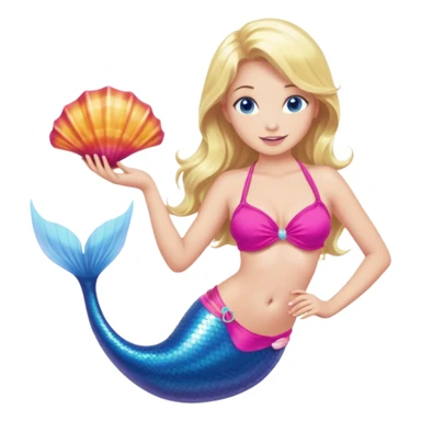 mermaid woman with blonde hair and blue eyes a pink bikini top and hot pink tail holding a shell sticker