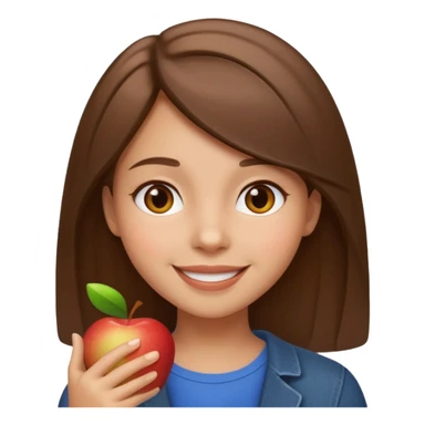 happy girl with medium straight brown hair, light skin tone, apple emoji style sticker