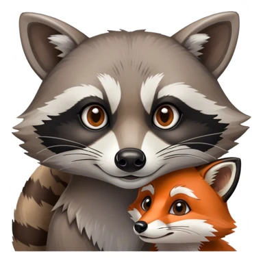Collage of a raccoon and a fox, in close-up, set in a beautiful forest with tall trees, green bushes, and sunlight filtering through the leaves and flowers. A vibrant, wild atmosphere with a transparent background. sticker