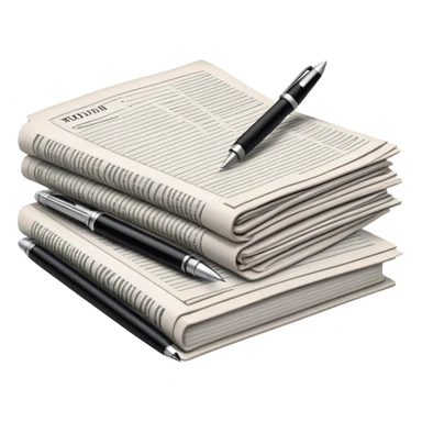 Create an emoji representing journalism and publicistic writing. The design should feature a stack of newspapers as the base, with an open working notebook placed on top of them. A single fountain pen should rest on the very top of the notebook, symbolizing the act of writing. Use neutral, professional colors like black, white, and muted tones to convey a sense of seriousness and intellect. Do not include any emojis or smiley faces. Make the background transparent. sticker