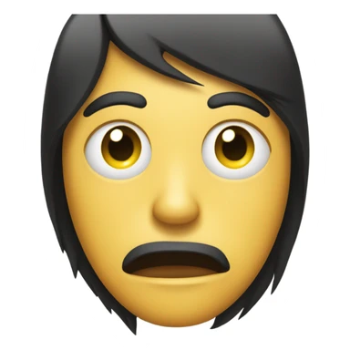 A round yellow emoji with an oversized eye on the left and a straight, black hairstyle partially covering the forehead. The mouth is a neutral line, conveying a sense of indifference or surprise. sticker