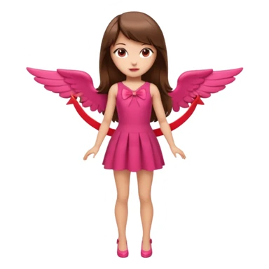 Hada sexy cupido pequeña  de cabello largo lacio castaño con flequillo y ojos cafés  vestida con algo sensual corto color blanco o rojo arco delgado con un color que combinen   y flechas  igual delgadas  que combinen y labios rosas tipo Barbie pero en hada cupido de cuerpo completo ojos sexys  sticker