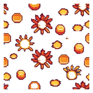 Bomberman horizontal explosion tile, flames extending left to right across full width, bright orange and yellow core with red edges, flames about 60% of tile height, centered vertically, flame wisps details sticker